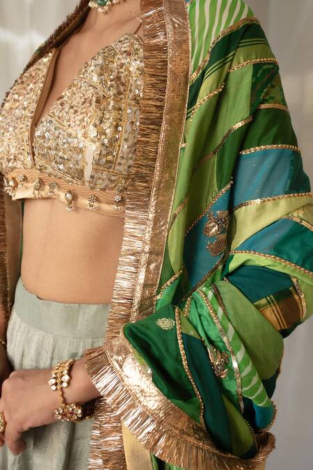 Shop_Priyanka Raajiv_Green Silk, Brocade, Satin, Cotton, Tissue Patchwork, Nabhya Upcycled Dupatta _Online_at_Aza_Fashions