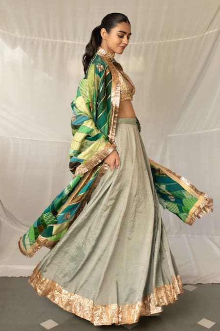 Priyanka Raajiv_Green Silk, Brocade, Satin, Cotton, Tissue Patchwork, Nabhya Upcycled Dupatta _at_Aza_Fashions