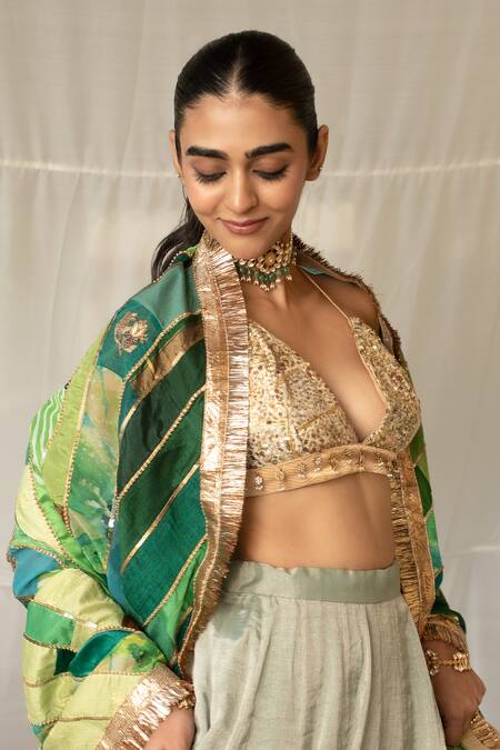 Buy_Priyanka Raajiv_Green Silk, Brocade, Satin, Cotton, Tissue Patchwork, Nabhya Upcycled Dupatta 