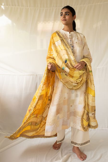 Priyanka Raajiv_Yellow Silk, Brocade, Satin, Cotton, Chanderi, Tissue Ravika Upcycled Dupatta _Online_at_Aza_Fashions