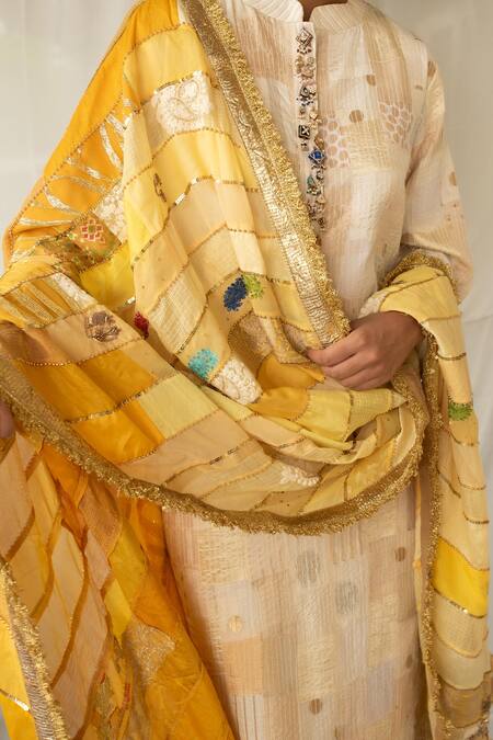 Shop_Priyanka Raajiv_Yellow Silk, Brocade, Satin, Cotton, Chanderi, Tissue Ravika Upcycled Dupatta _Online_at_Aza_Fashions