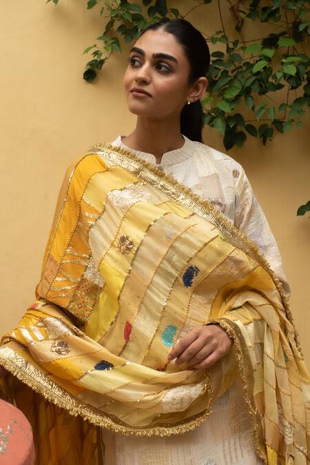 Priyanka Raajiv_Yellow Silk, Brocade, Satin, Cotton, Chanderi, Tissue Ravika Upcycled Dupatta _at_Aza_Fashions