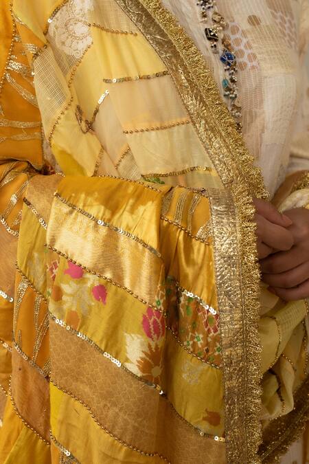 Shop_Priyanka Raajiv_Yellow Silk, Brocade, Satin, Cotton, Chanderi, Tissue Ravika Upcycled Dupatta 