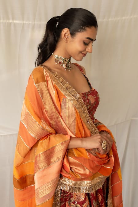 Priyanka Raajiv_Orange Silk, Brocade, Satin, Cotton, Tissue Patchwork, Ujjvala Upcycled Dupatta _Online_at_Aza_Fashions