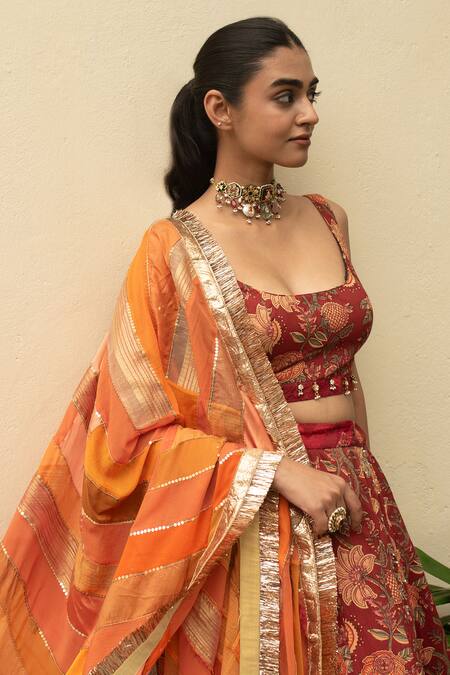 Buy_Priyanka Raajiv_Orange Silk, Brocade, Satin, Cotton, Tissue Patchwork, Ujjvala Upcycled Dupatta _Online_at_Aza_Fashions