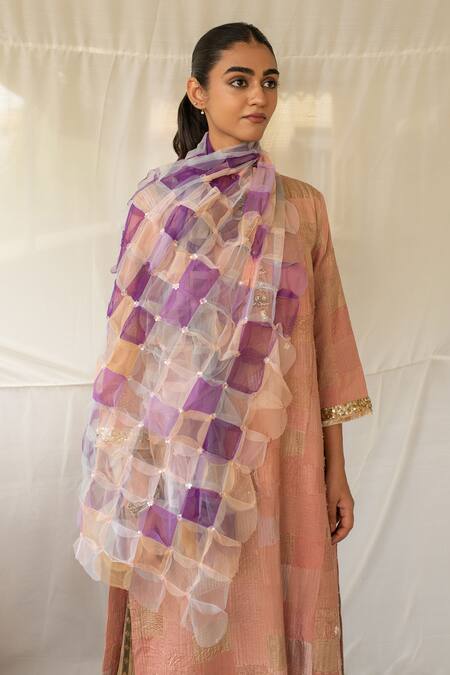 Priyanka Raajiv_Purple Tulle Sequins Aabir Upcycled Patchwork Dupatta _Online_at_Aza_Fashions