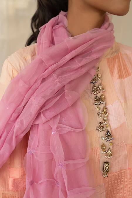 Priyanka Raajiv_Pink Tulle Reet Upcycled Patchwork Dupatta _Online_at_Aza_Fashions