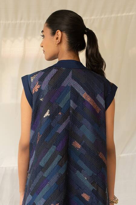 Priyanka Raajiv_Blue Silk, Brocade Patchwork, Embroidery, Tassels, Stones Neer Upcycled Jacket _Online_at_Aza_Fashions