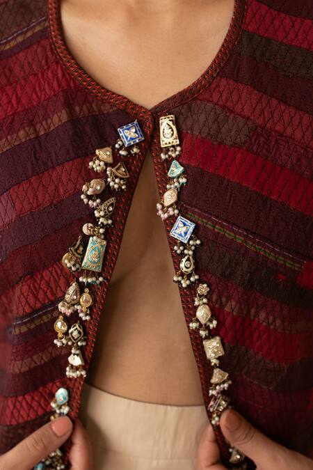 Priyanka Raajiv_Maroon Silk, Brocade, Tissue Beads, Embroidery, Sarva Upcycled Jacket _Online_at_Aza_Fashions