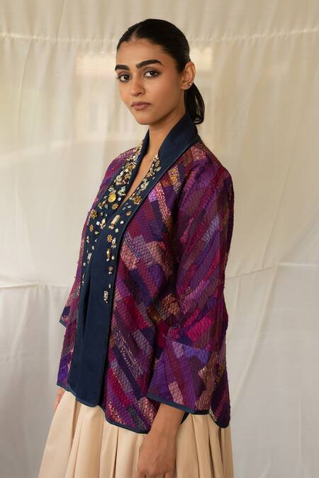 Priyanka Raajiv_Pink Silk, Brocade, Tissue Beads, Gemstones, Tassels, Teh Upcycled Jacket _Online_at_Aza_Fashions