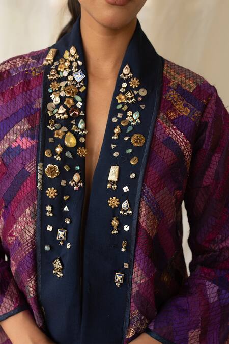 Buy_Priyanka Raajiv_Pink Silk, Brocade, Tissue Beads, Gemstones, Tassels, Teh Upcycled Jacket _Online_at_Aza_Fashions