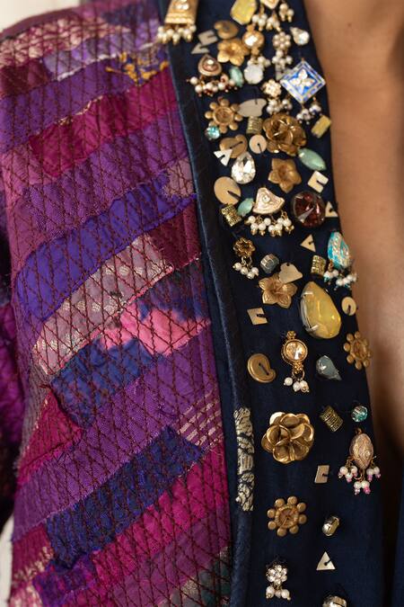 Shop_Priyanka Raajiv_Pink Silk, Brocade, Tissue Beads, Gemstones, Tassels, Teh Upcycled Jacket _Online_at_Aza_Fashions