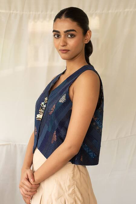 Priyanka Raajiv_Blue Silk, Brocade, Tissue Tassels, Embroidery Veera Upcycled Patchwork Jacket _Online_at_Aza_Fashions