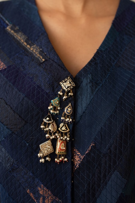 Shop_Priyanka Raajiv_Blue Silk, Brocade, Tissue Tassels, Embroidery Veera Upcycled Patchwork Jacket _Online_at_Aza_Fashions