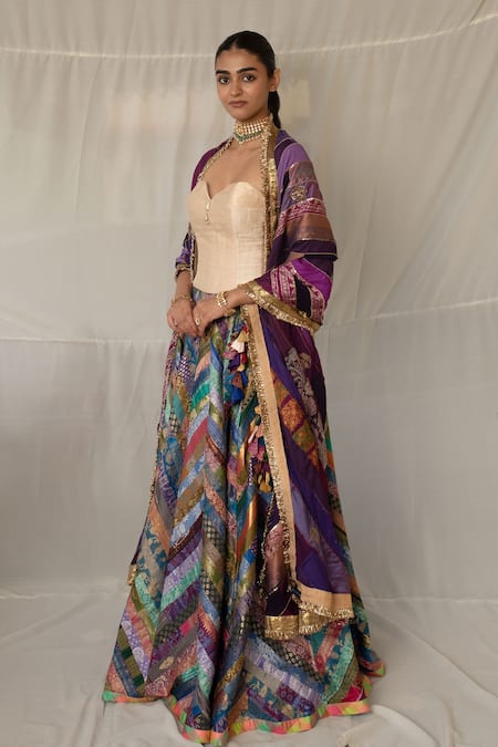 Priyanka Raajiv_Purple Brocade, Silk, Cotton Patchwork, Zari, Parmananda Upcycled Lehenga Set _Online_at_Aza_Fashions