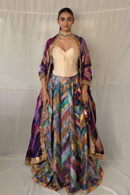 Buy_Priyanka Raajiv_Purple Brocade, Silk, Cotton Patchwork, Zari, Parmananda Upcycled Lehenga Set _Online_at_Aza_Fashions