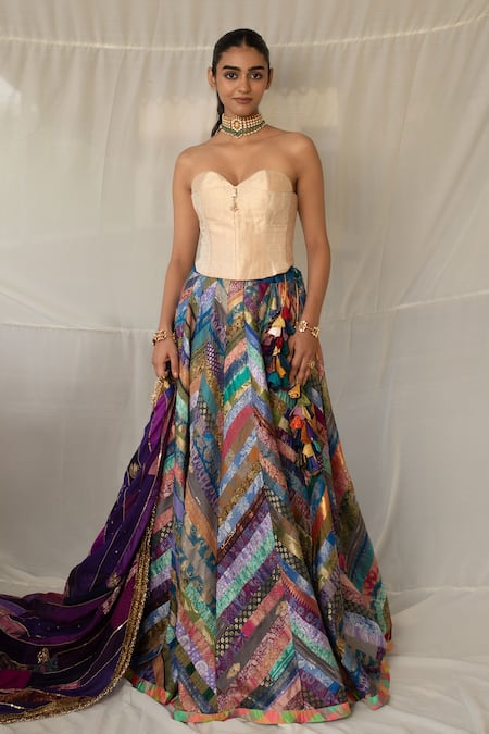 Shop_Priyanka Raajiv_Purple Brocade, Silk, Cotton Patchwork, Zari, Parmananda Upcycled Lehenga Set _Online_at_Aza_Fashions
