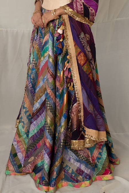 Priyanka Raajiv_Purple Brocade, Silk, Cotton Patchwork, Zari, Parmananda Upcycled Lehenga Set _at_Aza_Fashions