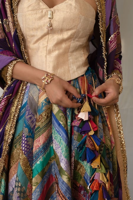 Buy_Priyanka Raajiv_Purple Brocade, Silk, Cotton Patchwork, Zari, Parmananda Upcycled Lehenga Set 