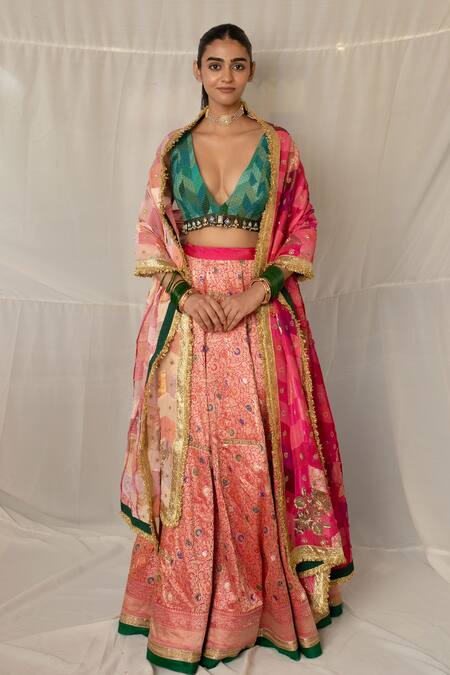 Priyanka Raajiv_Pink Silk, Brocade Patchwork, Zari, Brahamarupa Upcycled Lehenga Set _Online_at_Aza_Fashions