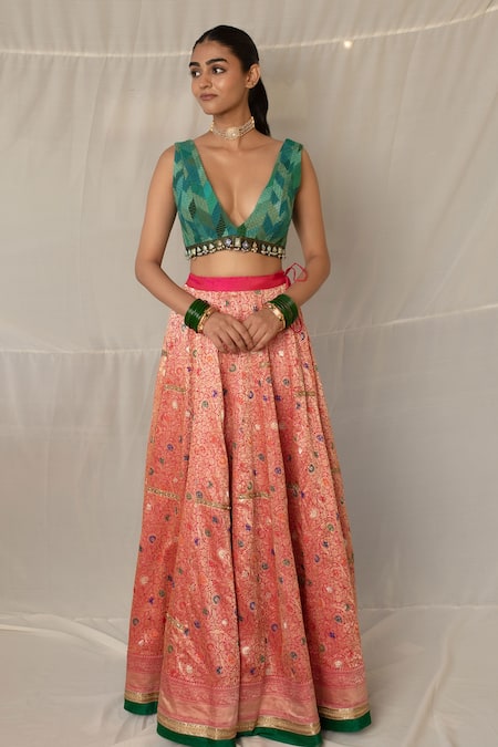 Buy_Priyanka Raajiv_Pink Silk, Brocade Patchwork, Zari, Brahamarupa Upcycled Lehenga Set _Online_at_Aza_Fashions