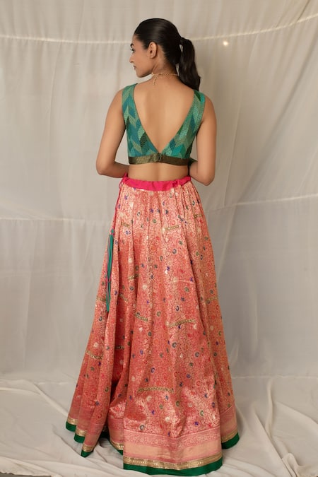 Shop_Priyanka Raajiv_Pink Silk, Brocade Patchwork, Zari, Brahamarupa Upcycled Lehenga Set _Online_at_Aza_Fashions