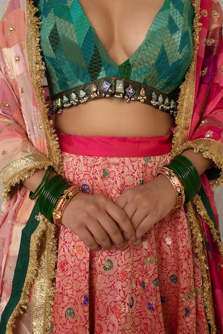 Buy_Priyanka Raajiv_Pink Silk, Brocade Patchwork, Zari, Brahamarupa Upcycled Lehenga Set 