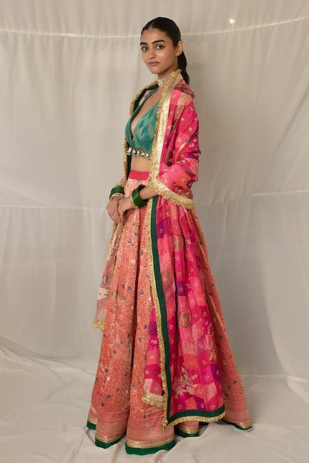 Shop_Priyanka Raajiv_Pink Silk, Brocade Patchwork, Zari, Brahamarupa Upcycled Lehenga Set 