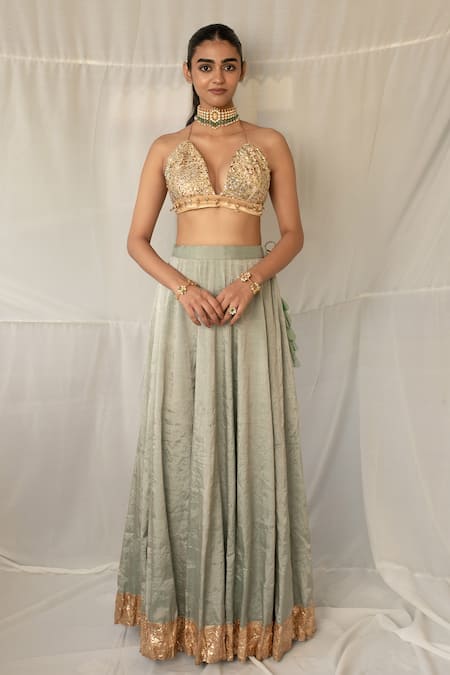 Priyanka Raajiv_Aqua Silk, Brocade, Tissue Sequins, Embroidery, Taruna Upcycled Lehenga Set _Online_at_Aza_Fashions