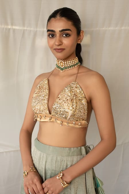 Buy_Priyanka Raajiv_Aqua Silk, Brocade, Tissue Sequins, Embroidery, Taruna Upcycled Lehenga Set _Online_at_Aza_Fashions