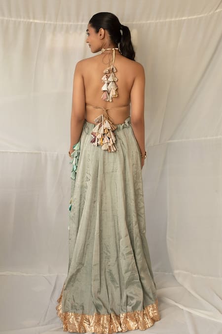 Shop_Priyanka Raajiv_Aqua Silk, Brocade, Tissue Sequins, Embroidery, Taruna Upcycled Lehenga Set _Online_at_Aza_Fashions