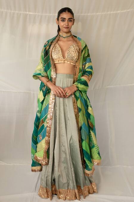 Priyanka Raajiv_Aqua Silk, Brocade, Tissue Sequins, Embroidery, Taruna Upcycled Lehenga Set _at_Aza_Fashions