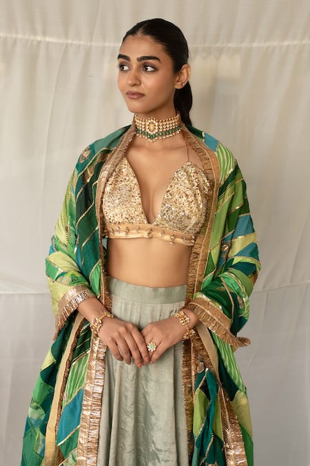 Buy_Priyanka Raajiv_Aqua Silk, Brocade, Tissue Sequins, Embroidery, Taruna Upcycled Lehenga Set 