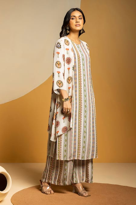 Soup By Sougat Paul_Off White Crepe Zari, Sequins Taarani Printed Kurta Pant And Embellished Jacket _Online_at_Aza_Fashions