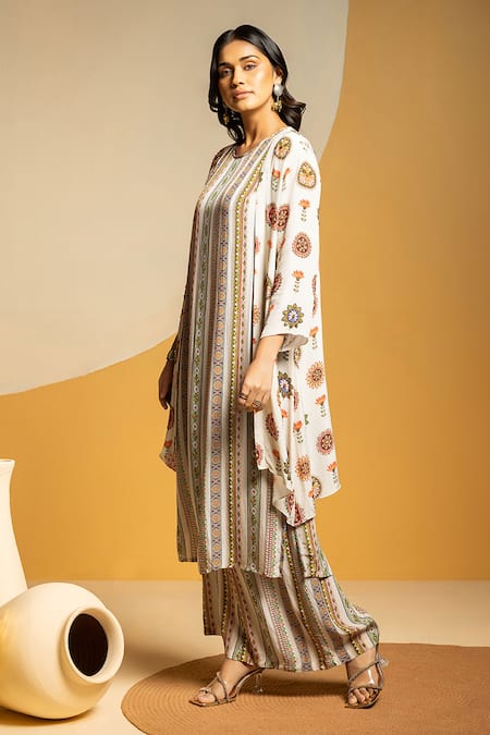 Buy_Soup By Sougat Paul_Off White Crepe Zari, Sequins Taarani Printed Kurta Pant And Embellished Jacket _Online_at_Aza_Fashions