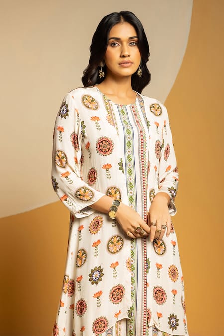 Shop_Soup By Sougat Paul_Off White Crepe Zari, Sequins Taarani Printed Kurta Pant And Embellished Jacket _Online_at_Aza_Fashions