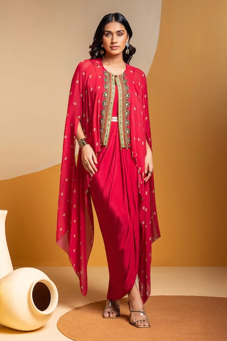 Soup By Sougat Paul Pink Crepe Zari, Sequins Sweetheart Neck, Taarani Drape Dress And Embellished Cape 