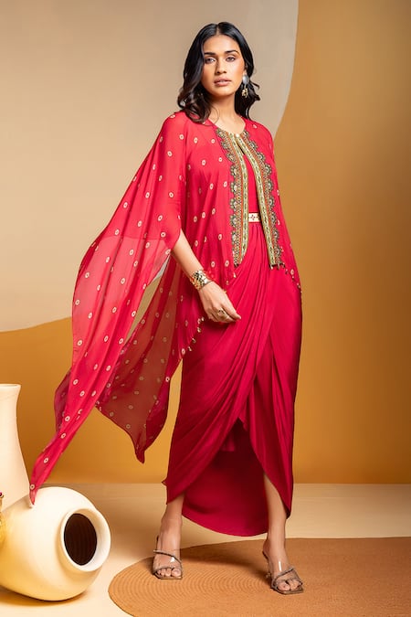 Buy_Soup By Sougat Paul_Pink Crepe Zari, Sequins Sweetheart Neck, Taarani Drape Dress And Embellished Cape _Online_at_Aza_Fashions