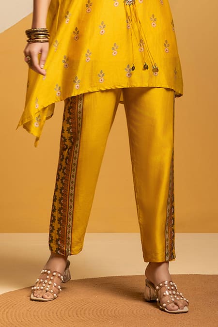 Soup By Sougat Paul_Yellow Chanderi Zari, Sequins, Taarani Embellished Kurta And Printed Pant _Online_at_Aza_Fashions