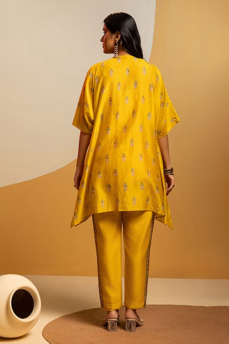 Shop_Soup By Sougat Paul_Yellow Chanderi Zari, Sequins, Taarani Embellished Kurta And Printed Pant _at_Aza_Fashions