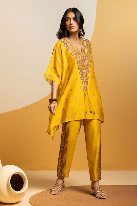 Buy_Soup By Sougat Paul_Yellow Chanderi Zari, Sequins, Taarani Embellished Kurta And Printed Pant _Online_at_Aza_Fashions