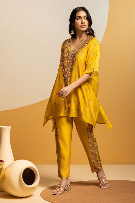 Shop_Soup By Sougat Paul_Yellow Chanderi Zari, Sequins, Taarani Embellished Kurta And Printed Pant _Online_at_Aza_Fashions