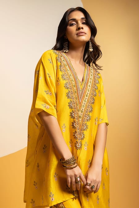 Soup By Sougat Paul_Yellow Chanderi Zari, Sequins, Taarani Embellished Kurta And Printed Pant _at_Aza_Fashions