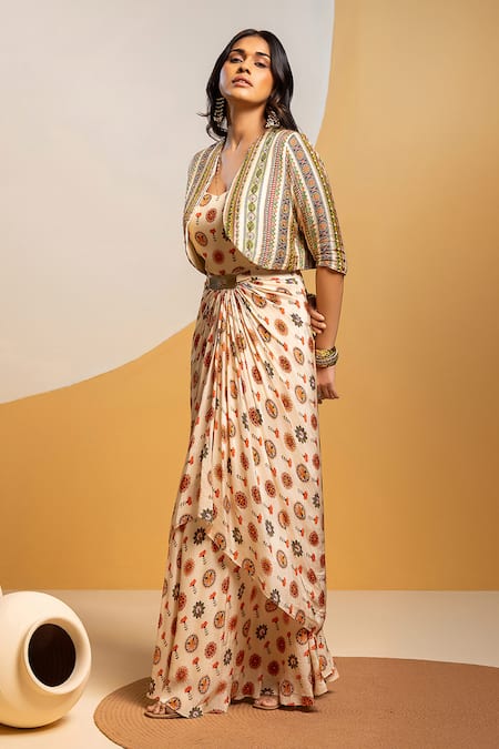 Soup By Sougat Paul_Off White Crepe, Silk Zari, Sequins Printed Drape Dress And Embroidered Jacket _Online_at_Aza_Fashions