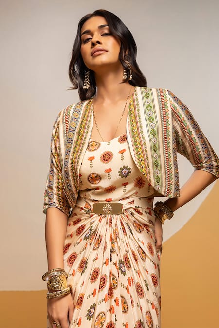 Shop_Soup By Sougat Paul_Off White Crepe, Silk Zari, Sequins Printed Drape Dress And Embroidered Jacket _Online_at_Aza_Fashions