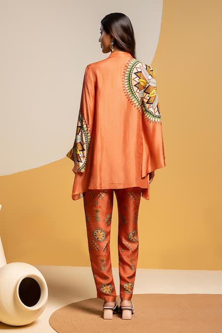 Shop_Soup By Sougat Paul_Orange Silk Zari, Sequins Mandarin Taarani Embellished Kurta And Printed Pant Set _at_Aza_Fashions