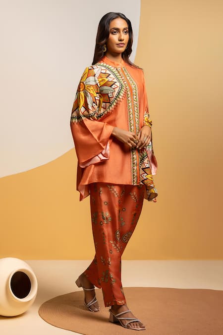 Soup By Sougat Paul_Orange Silk Zari, Sequins Mandarin Taarani Embellished Kurta And Printed Pant Set _Online_at_Aza_Fashions