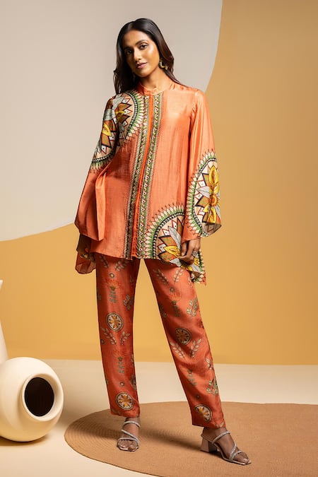 Soup By Sougat Paul Orange Silk Zari, Sequins Mandarin Taarani Embellished Kurta And Printed Pant Set 