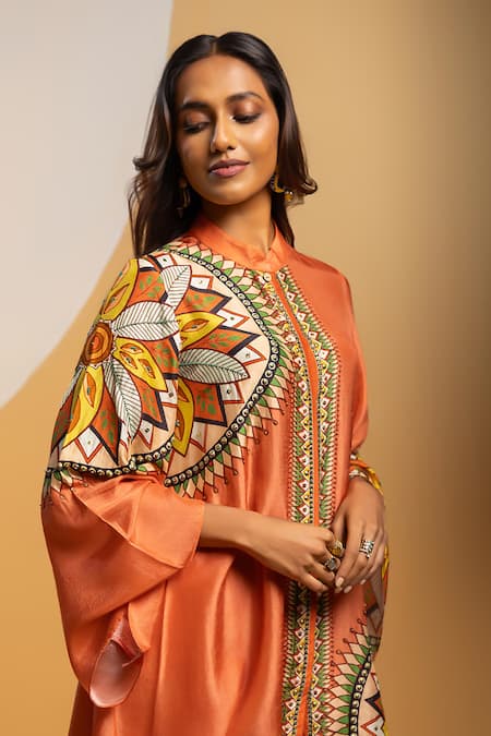 Buy_Soup By Sougat Paul_Orange Silk Zari, Sequins Mandarin Taarani Embellished Kurta And Printed Pant Set _Online_at_Aza_Fashions