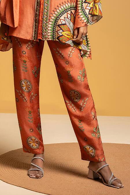 Shop_Soup By Sougat Paul_Orange Silk Zari, Sequins Mandarin Taarani Embellished Kurta And Printed Pant Set _Online_at_Aza_Fashions